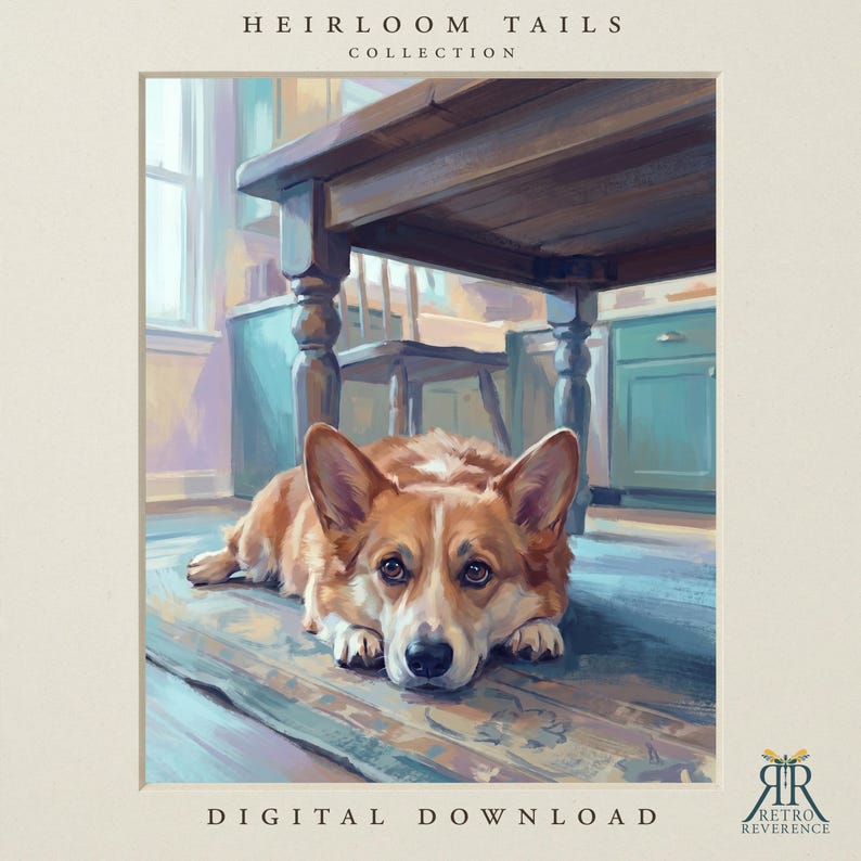May include: A digital art print titled Heirloom Tails Collection featuring a brown and white Corgi lying on a floor beneath a wooden table in a kitchen setting. The artwork includes the text Heirloom Tails Collection and Digital Download.