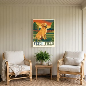 May include: A rectangular wall art print featuring a golden retriever sitting in a grassy field under a sunset sky. The text FETCH FIELD and One ball. Infinite throws requested. is printed in dark blue at the bottom of the illustration.
