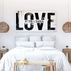 Modern Vintage Farmhouse Wall Decor Personalized Newlywed Couple Bedroom Love Sign, Industrial Rustic Black & White Romantic Canvas Artwork image 2