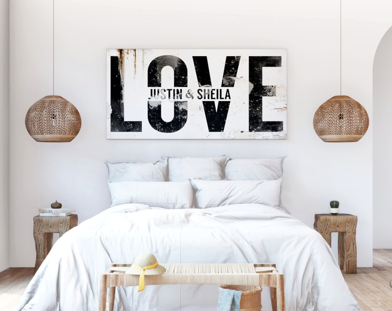 Modern Vintage Farmhouse Wall Decor Personalized Newlywed Couple Bedroom Love Sign, Industrial Rustic Black & White Romantic Canvas Artwork image 2