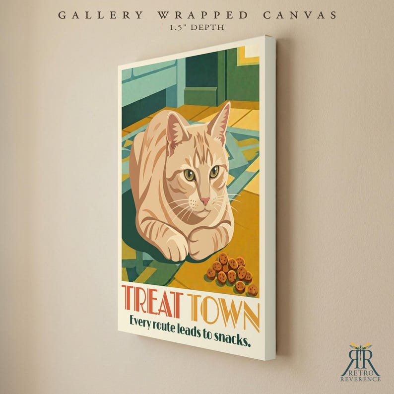 May include: A gallery wrapped canvas with a 1.5 inch depth featuring a tan tabby cat resting on a floor with scattered treats. The artwork includes the text TREAT TOWN and Every route leads to snacks in a bold, stylized font design.