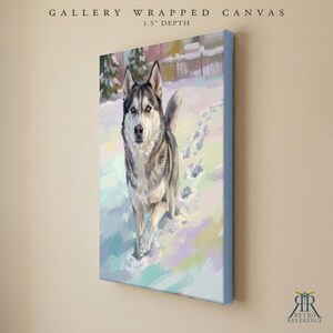 May include: A gallery wrapped canvas with a 1.5 inch depth featuring a painting of a grey and white husky dog with blue eyes walking through a snowy landscape with visible paw prints. The text Gallery Wrapped Canvas 1.5 inch depth is visible.