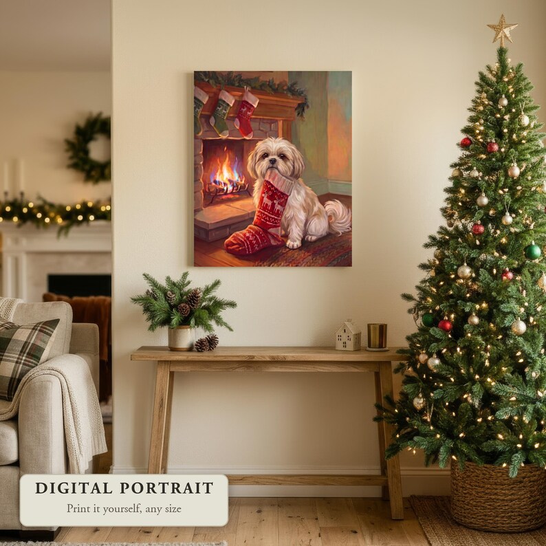 Custom dog portrait of a dog holding a Christmas stocking by the fireplace, hung on a wall in a living room decorated for Christmas, shown as a digital file you print yourself