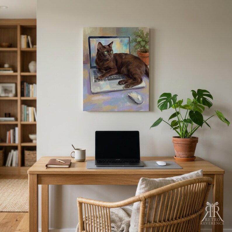 Peut inclure: Une impression murale rectangulaire repr&eacute;sentant un chat brun allong&eacute; sur un ordinateur portable ouvert, avec une souris d'ordinateur &agrave; proximit&eacute;. La peinture utilise des coups de pinceau doux dans des tons bleu, jaune et violet.