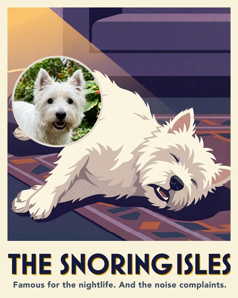 Sleeping Dog Travel Poster from Your Photo, Custom Snoring Dog Art Print or Canvas, Cozy Bedroom Wall Decor, Mid Century Modern Wall Art