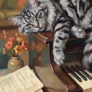 Piano Wall Art Canvas, Piano Cat Art Print, Personalized Cat Portrait from Photo, Music Room Decor, Classical Artwork, Floral Wall Art image 2