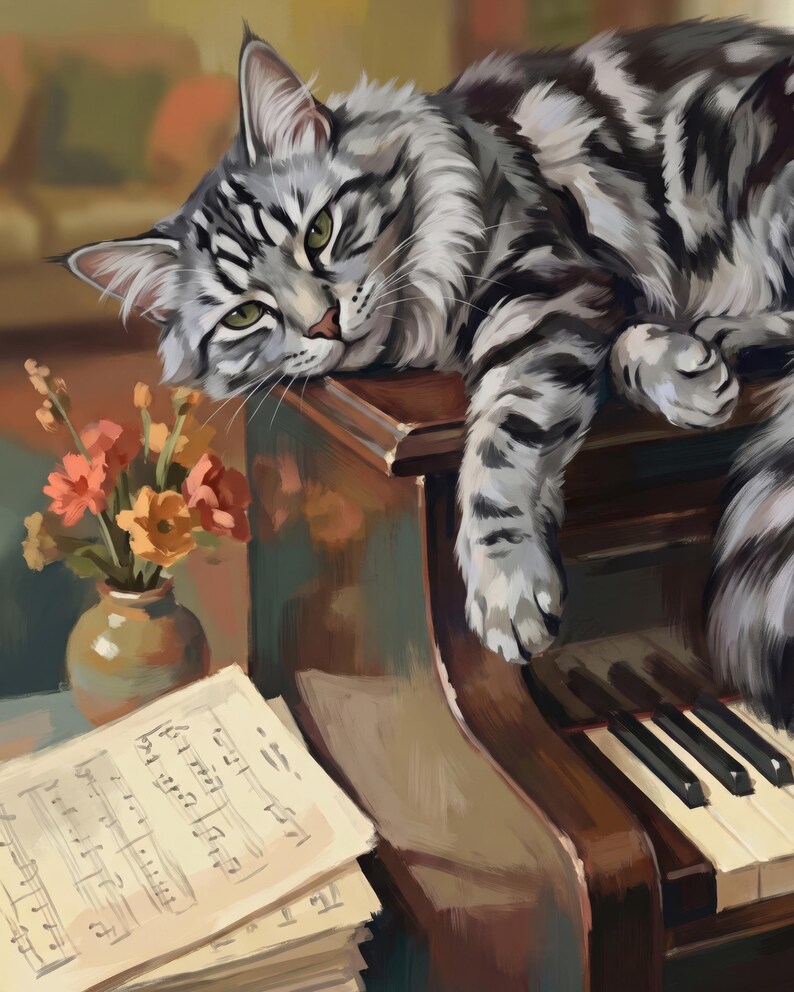 Piano Wall Art Canvas, Piano Cat Art Print, Personalized Cat Portrait from Photo, Music Room Decor, Classical Artwork, Floral Wall Art image 2
