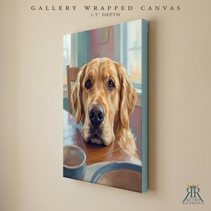 May include: A gallery wrapped canvas with a 3.8 cm depth featuring a painting of a golden retriever resting its chin on a table next to a cup. The artwork displays warm tones and soft brushstrokes, capturing the dog's attentive expression.