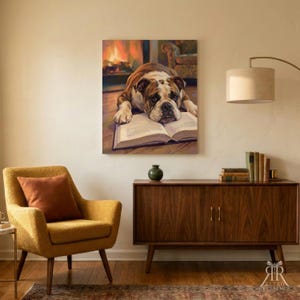 May include: A rectangular wall art print featuring a brown and white bulldog resting its head on an open book. The background depicts a warm, glowing fireplace in a cozy room setting, rendered in a painterly style with soft, blended brushstrokes.