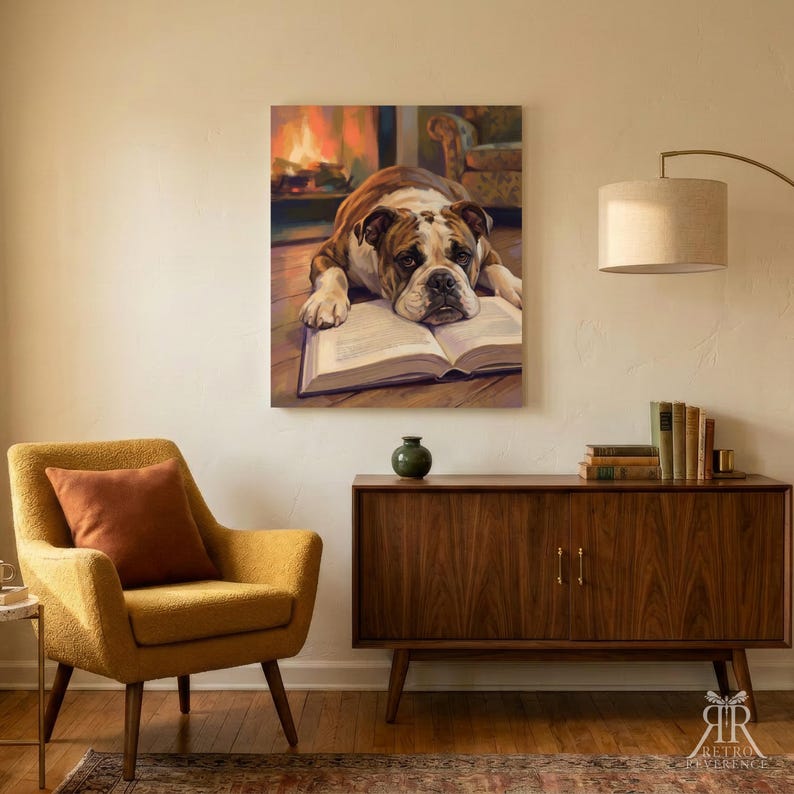 May include: A rectangular wall art print featuring a brown and white bulldog resting its head on an open book. The background depicts a warm, glowing fireplace in a cozy room setting, rendered in a painterly style with soft, blended brushstrokes.