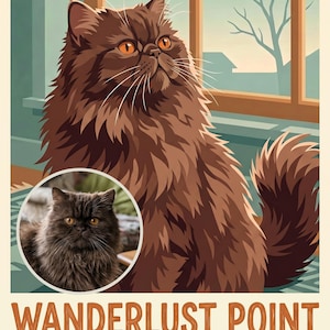 Wistful Custom Cat Portrait from Your Photo, Sunny Daydream Retro Travel Poster Art Digital Download