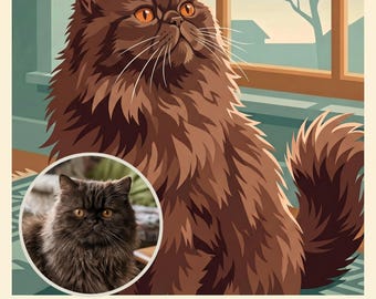 Custom Cat Portrait from Photo, Cat Watching the World Go By Illustration, Retro Travel Poster Download, Digital Prints, Printable Wall Art