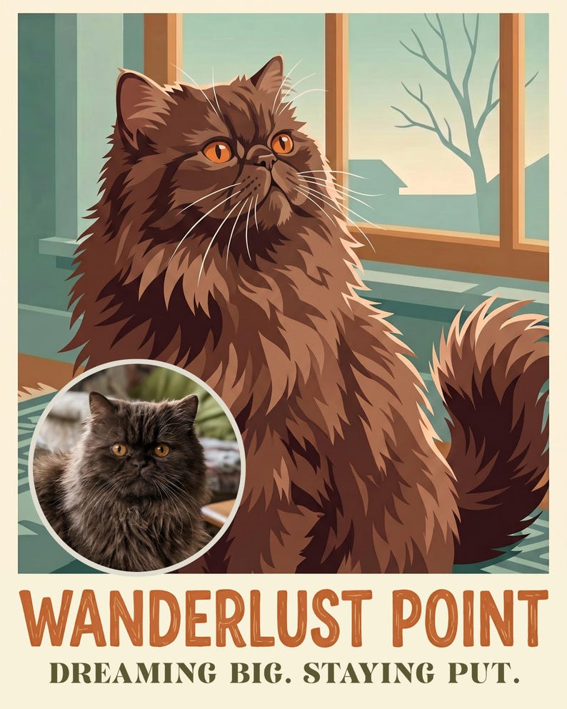 Wistful Custom Cat Portrait from Your Photo, Sunny Daydream Retro Travel Poster Art Digital Download