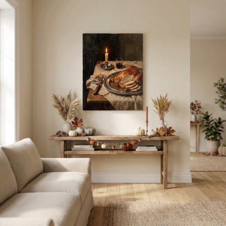 Holiday Feast Wall Art, Vintage Style Thanksgiving Decor, Still Life Artwork, Fall Kitchen Decor, Dining Room Decor, Art Print or Canvas image 3