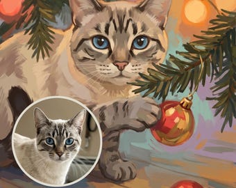 Personalized Cat Portrait from Photo, Christmas Kitten Art, Digital Cat Illustration, Holiday Wall Art, Xmas Decor, Above Couch Art