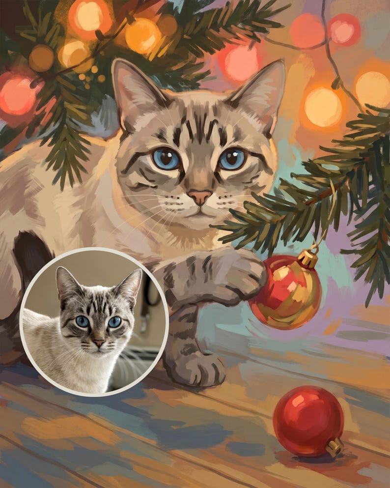 Personalized Cat Portrait from Photo, Christmas Kitten Art, Christmas Tree Art, Pet Illustration Digital Download