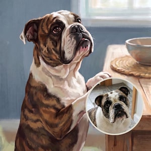 May include: A digital painting of a brindle and white bulldog standing on its hind legs with its front paws resting on a wooden table. A circular inset shows a photographic reference of the same bulldog looking upward with a focused expression.