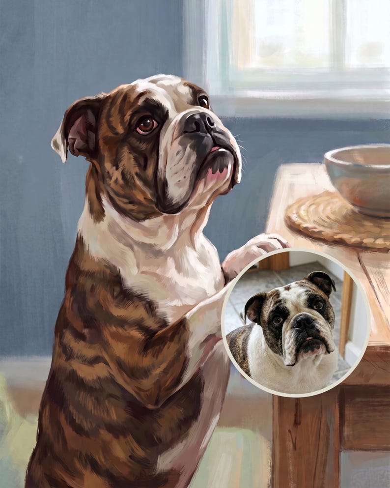 May include: A digital painting of a brindle and white bulldog standing on its hind legs with its front paws resting on a wooden table. A circular inset shows a photographic reference of the same bulldog looking upward with a focused expression.