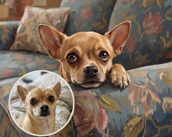Funny Dog Portrait from Photo, Sad Dog on Sofa Art, Custom Dog Illustration, Living Room Art, Printable Wall Art, Family Room Decor