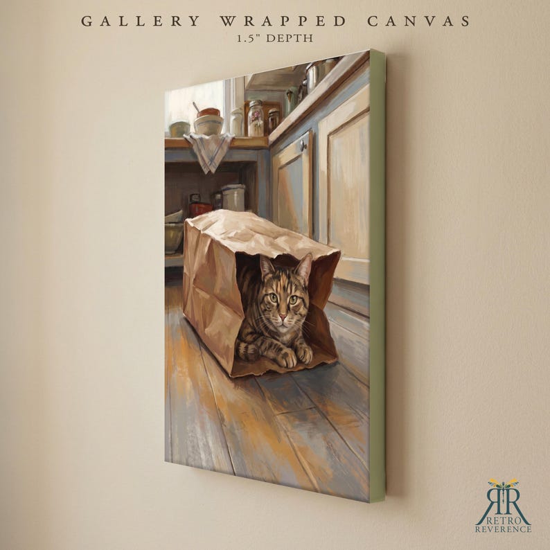 May include: A gallery wrapped canvas with a 1.5 inch depth featuring a painting of a brown tabby cat sitting inside a brown paper grocery bag on a wooden floor in a kitchen setting with cabinets and various kitchen items visible in the background.