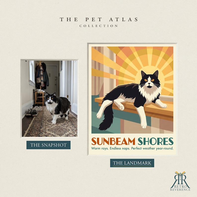 May include: A graphic print titled The Pet Atlas Collection featuring a black and white cat in a hallway snapshot and a stylized illustration titled Sunbeam Shores with a cat resting against a yellow sunburst background and the text Warm rays. Endless naps. Perfect weather year-round.
