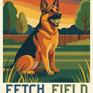 Custom Dog Portrait from Photo, Dog with the Tennis Ball in the Grass, Travel Poster Artwork, Sunset Wall Art, Art Print or Canvas image 2
