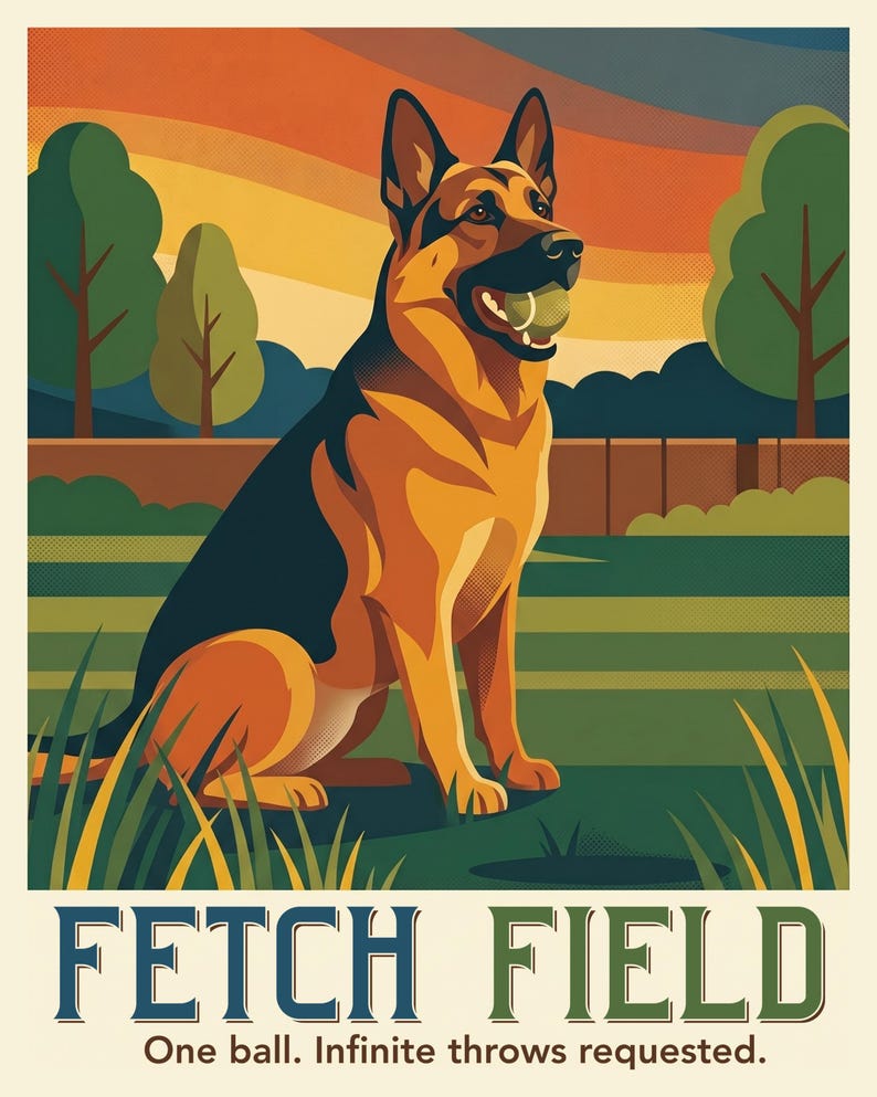 Custom Dog Portrait from Photo, Dog with the Tennis Ball in the Grass, Travel Poster Artwork, Sunset Wall Art, Art Print or Canvas image 2
