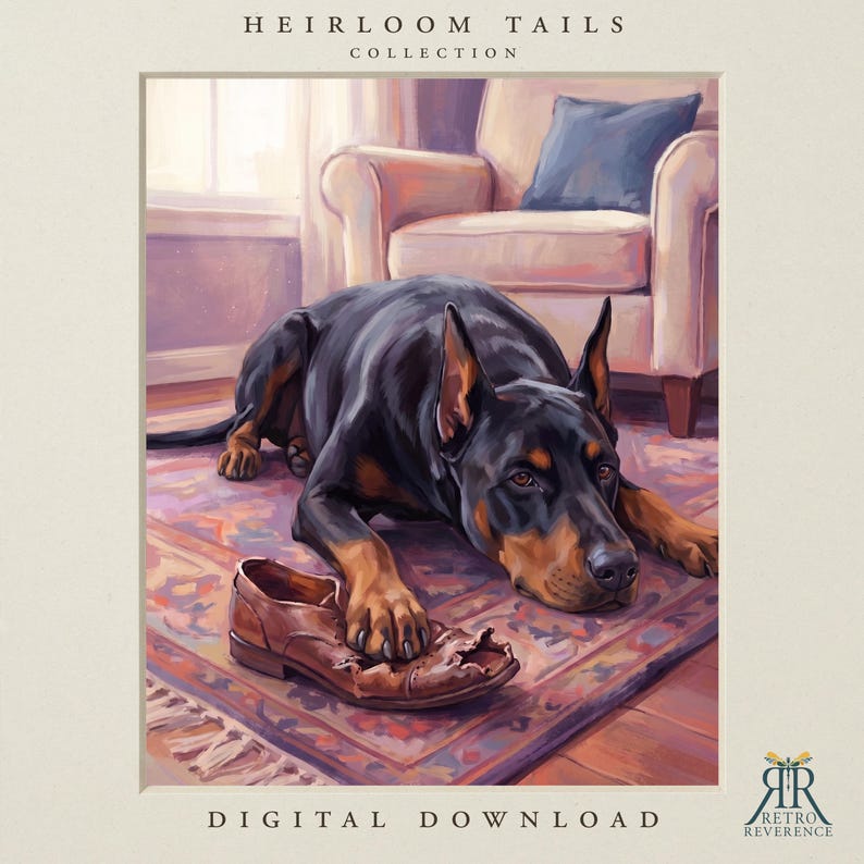 K&ouml;nnte beinhalten: Eine digitale Illustration mit dem Titel Heirloom Tails Collection zeigt einen schwarz-lohfarbenen Dobermann, der auf einem gemusterten Teppich liegt und seine Pfote auf einen besch&auml;digten braunen Lederschuh legt. Text: Heirloom Tails Collection und Digital Download.