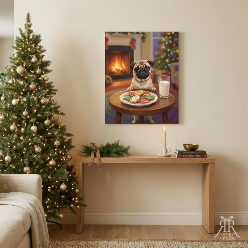 May include: A rectangular wall art print featuring a fawn-colored pug sitting at a small wooden table. The pug is positioned behind a white plate filled with colorful holiday-themed cookies and a tall glass of milk, with a fireplace in the background.