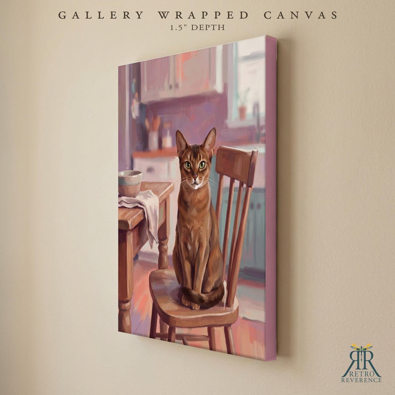 May include: A gallery wrapped canvas with a 1.5 inch depth featuring a painting of a brown cat sitting on a wooden chair in a kitchen. The scene includes a wooden table with a bowl and a cloth. The text GALLERY WRAPPED CANVAS 1.5 INCH DEPTH is visible.