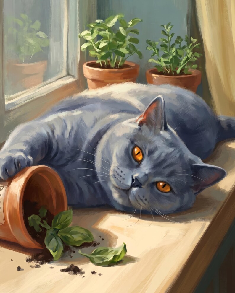 Personalized Cat Portrait from Photo, Cat in the Window Print, Cottagecore Illustration, Houseplant Decor, Herb Art, Art Print or Canvas image 1