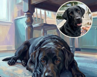 Puede incluir: Una pintura digital de un Labrador Retriever negro tumbado sobre una alfombra debajo de una mesa de madera. Un recuadro circular en la esquina superior derecha muestra una fotografía del mismo perro negro con la boca entreabierta.