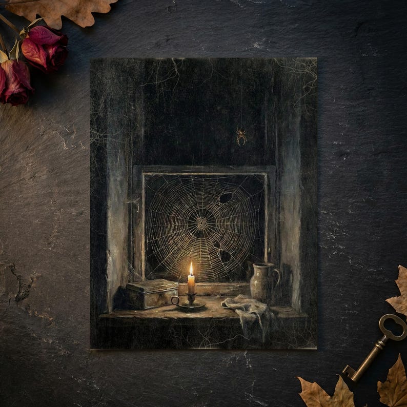 Creepy Cobweb and Candlelight Wall Art, Moody Vintage Style Halloween Decor, Gothic Still Life Art, Dark Artwork, Art Print or Canvas image 6