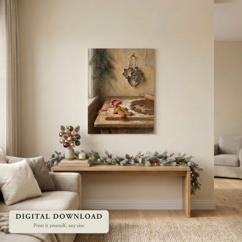 Vintage style Christmas art of gingerbread cookies and cookie cutters, hung on a wall in a living room decorated for Christmas, shown as a digital file you print yourself