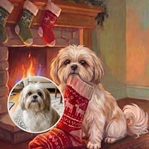 Christmas Dog Canvas Art, Vintage Style Christmas Dog Print, Personalized Dog Portrait from Photo, Cozy Christmas Art