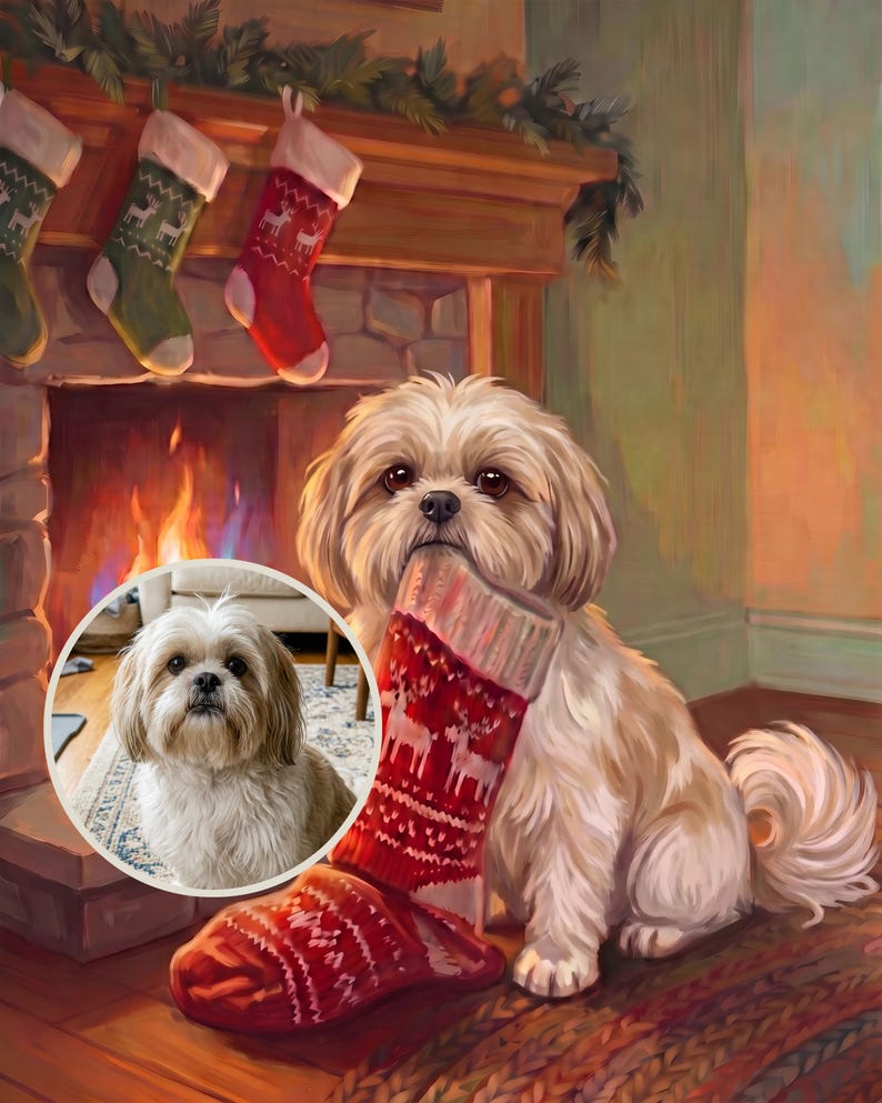 Christmas Dog Canvas Art, Vintage Style Christmas Dog Print, Personalized Dog Portrait from Photo, Cozy Christmas Art