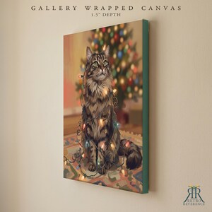 May include: A gallery wrapped canvas with a 1.5 inch depth featuring a brown tabby cat sitting on a patterned rug, wrapped in colorful string lights with a blurred Christmas tree in the background. The text reads Gallery Wrapped Canvas 1.5 inch depth.