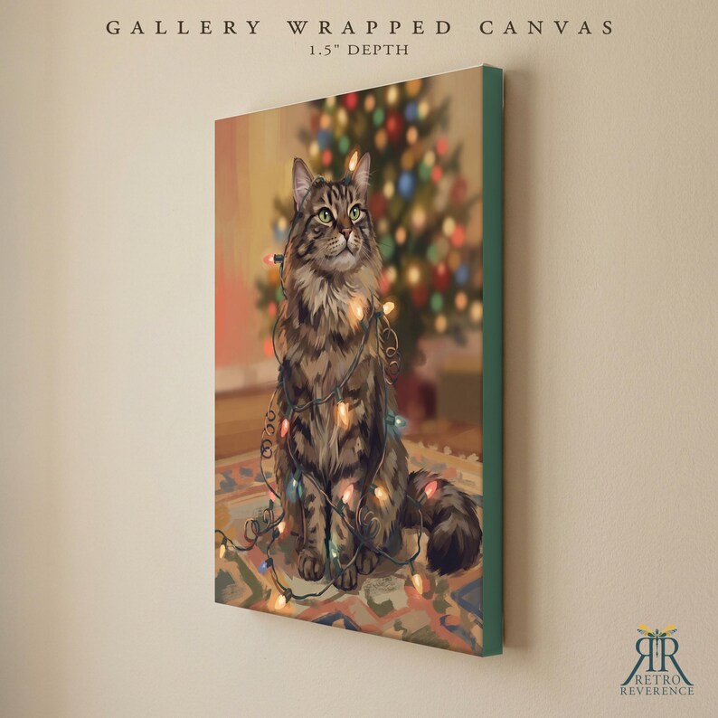 May include: A gallery wrapped canvas with a 1.5 inch depth featuring a brown tabby cat sitting on a patterned rug, wrapped in colorful string lights with a blurred Christmas tree in the background. The text reads Gallery Wrapped Canvas 1.5 inch depth.