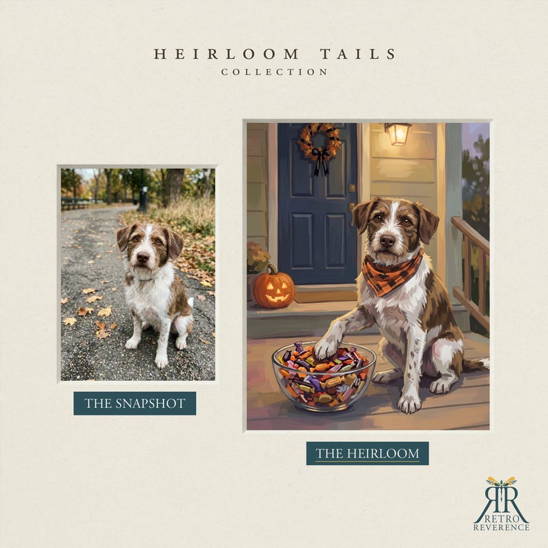 K&ouml;nnte beinhalten: Ein Vergleich nebeneinander mit dem Titel Heirloom Tails Collection. Links zeigt ein Foto mit der Beschriftung The Snapshot einen braun-wei&szlig;en Hund auf einem Weg. Rechts zeigt eine Illustration mit der Beschriftung The Heirloom denselben Hund mit einem orangefarbenen karierten Halstuch, der auf einer Veranda neben einer Sch&uuml;ssel mit S&uuml;&szlig;igkeiten und einem K&uuml;rbis sitzt.