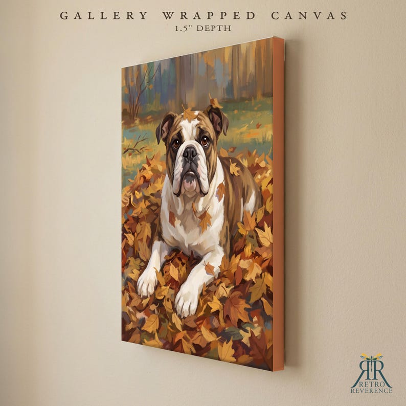 May include: A gallery wrapped canvas with a 1.5 inch depth featuring a painting of a brown and white bulldog lying in a pile of fallen autumn leaves. The artwork displays a forest background with warm orange, yellow, and brown tones.
