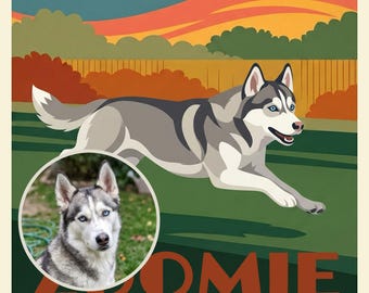 Personalized Dog Portrait from Photo, Dog Running in the Backyard, Travel Poster Artwork, National Park Wall Art, Art Print or Canvas