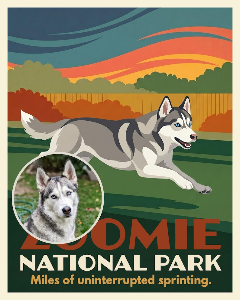 Zoomies Travel Poster from Your Photo, Personalized Dog Art Print or Canvas, Running Dog Art, National Park Wall Decor, Backyard Dog Art