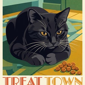 Custom Cat Portrait from Photo, Cat Waiting for Treats, Retro Travel Poster Illustration, Art Deco Kitchen Wall Art, Art Print or Canvas image 2