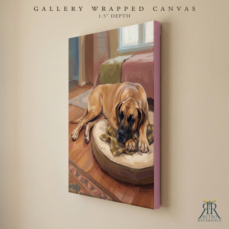 May include: A gallery wrapped canvas with a 1.5 inch depth featuring a painting of a tan dog with a black muzzle resting on a round beige bed. The dog lies on a plaid blanket inside a room with wooden floors, a bed, and a window in the background.