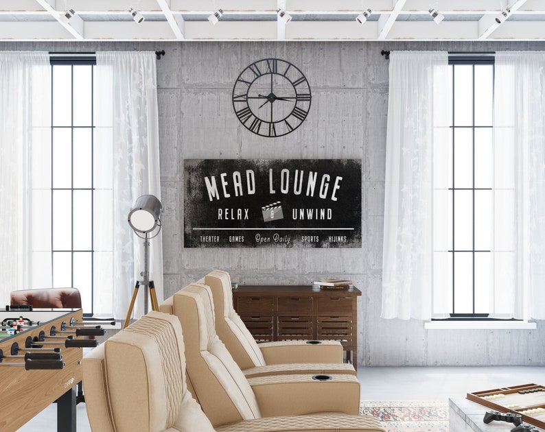 Modern Farmhouse Wall Decor Family Lounge Sign, Personalized Last Name Sign for Living Room, Vintage Industrial Wall Art for Game Movie Room image 1