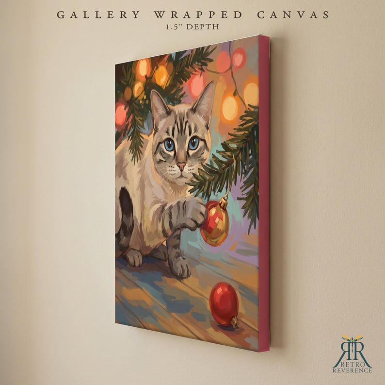 May include: A gallery wrapped canvas with a 1.5 inch depth featuring a painting of a light-colored cat with blue eyes playing with a red Christmas ornament hanging from a pine branch decorated with glowing orange and yellow string lights.