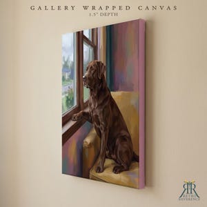 May include: A gallery wrapped canvas with a 1.5 inch depth featuring a painting of a chocolate Labrador retriever sitting on a yellow chair looking out a window. The artwork displays a brown dog in profile against a colorful indoor background.