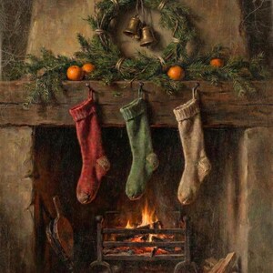 Christmas Stockings and Fireplace Wall Art, Vintage Style Holiday Decor, Rustic Wall Art, Winter Illustration, Art Print or Canvas image 1
