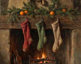 Christmas Stockings and Fireplace Wall Art, Vintage Style Holiday Decor, Rustic Wall Art, Winter Illustration, Art Print or Canvas