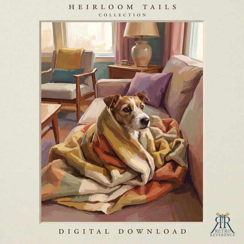 May include: A digital illustration titled HEIRLOOM TAILS COLLECTION showing a brown and white terrier dog wrapped in a multi-colored striped blanket sitting on a sofa. The scene includes a lamp, a chair, and the text DIGITAL DOWNLOAD.